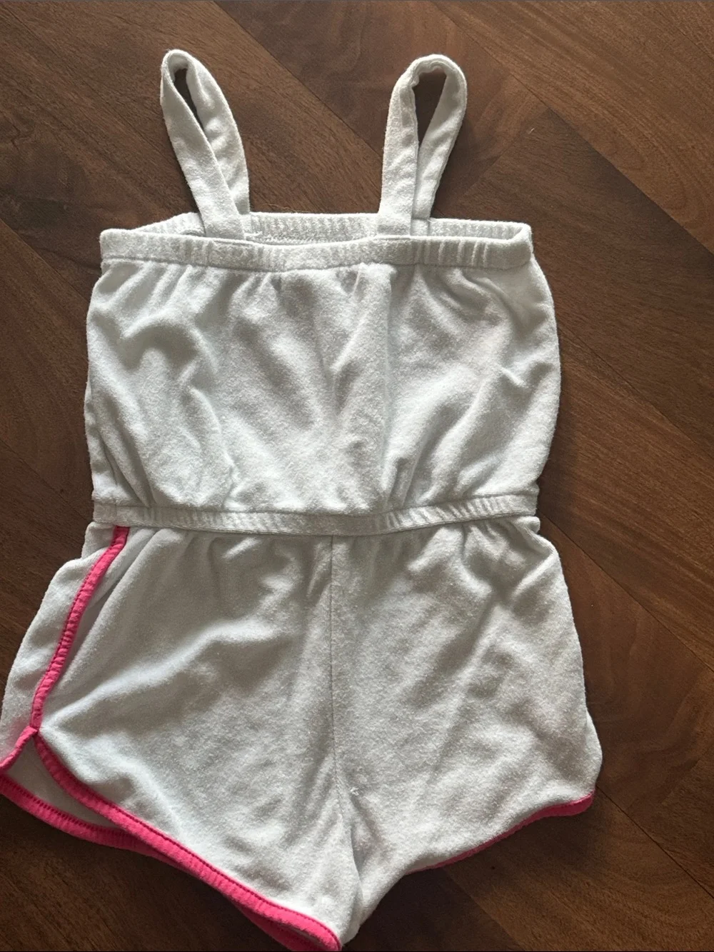Pink Platinum White Terry Romper with Pink Trim and Rainbow & Unicorn Patches